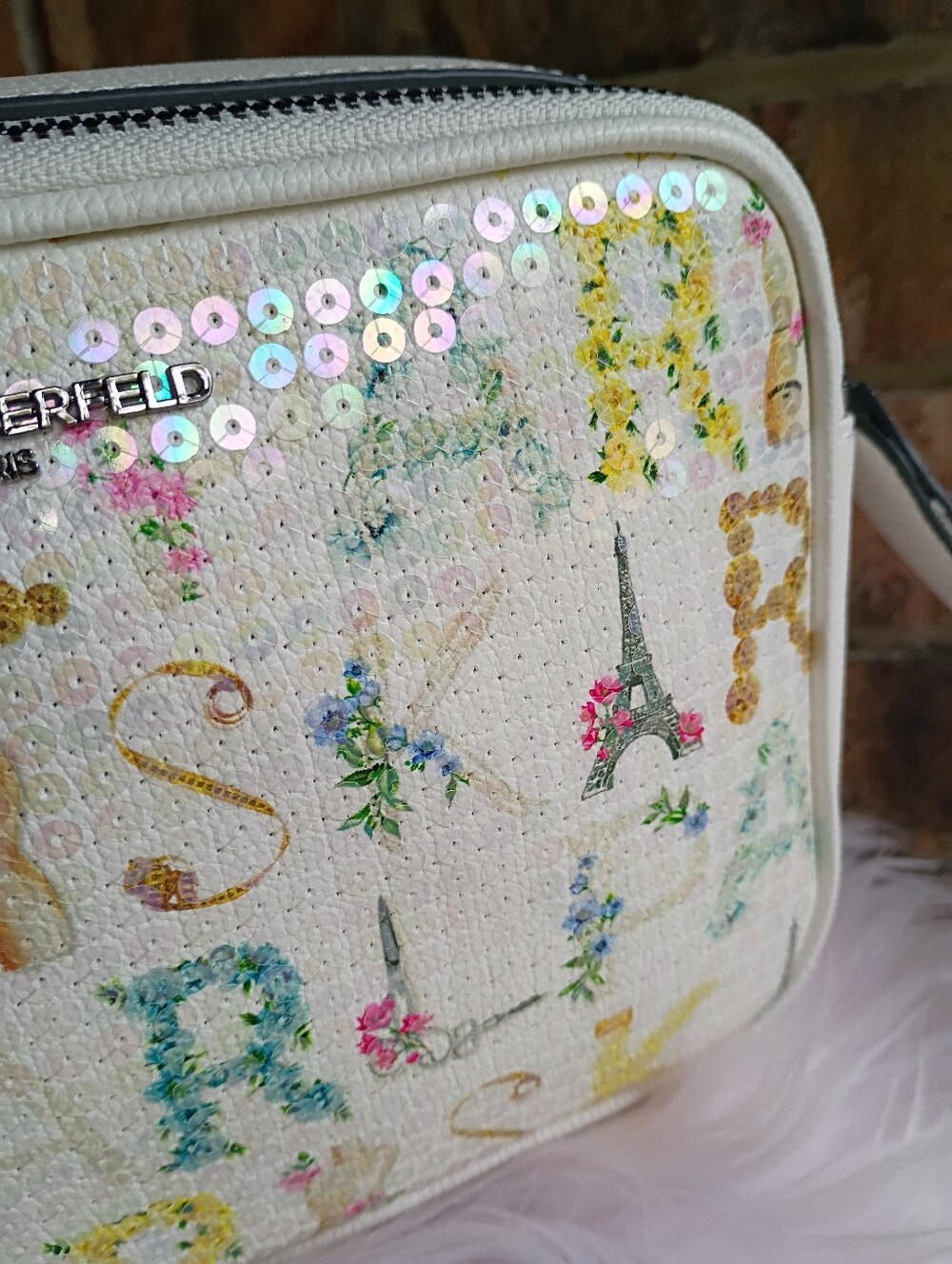 NEW Karl Lagerfeld Paris White Sequin Logo Floral Maybelle Crossbody Bag - Picture 4 of 16